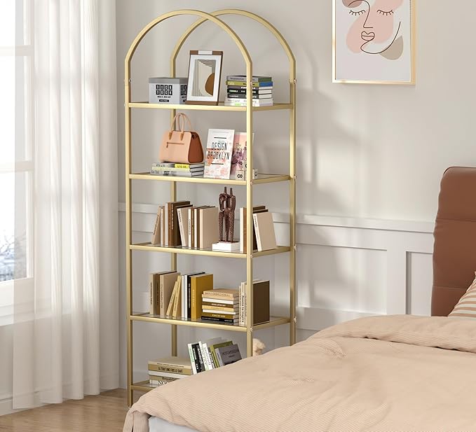 Homhedy Bookshelf Arched Display Racks, Metal Bookcase, Tempered Glass Shelves - Image 6
