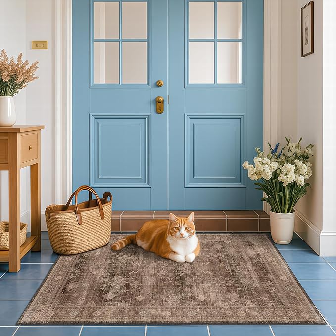 Brown Boho Washable 3x6 Large Kitchen Runner Rug, Indoor Entryway Home Office by HazoHaus
