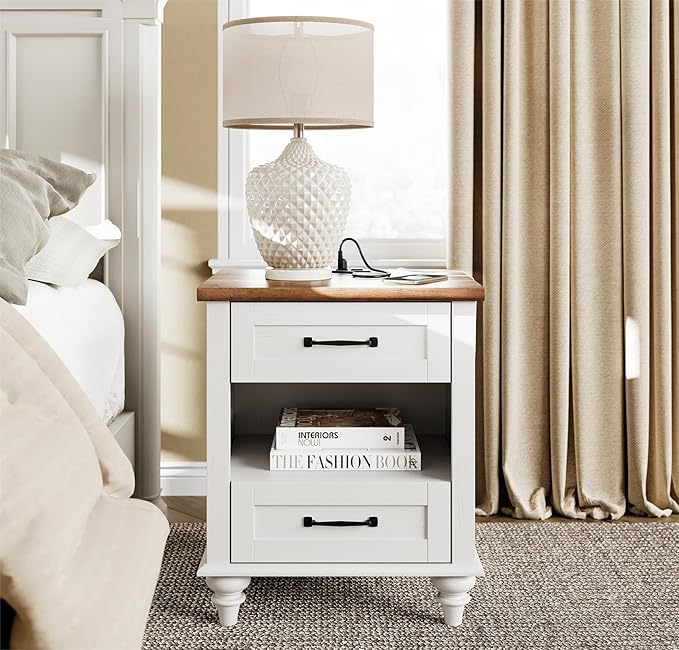 WAMPAT White Side Table with 2 Drawers & Charging Station, Mid Century by WAMPAT