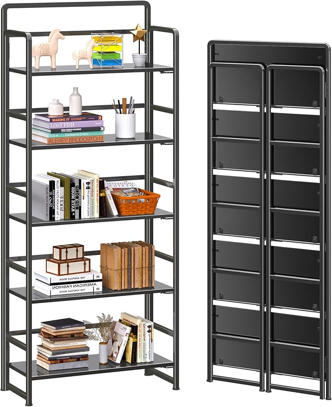 4NM No-Assembly 5 Tiers Folding Bookshelf Storage Shelves Vintage Bookcase by 4NM