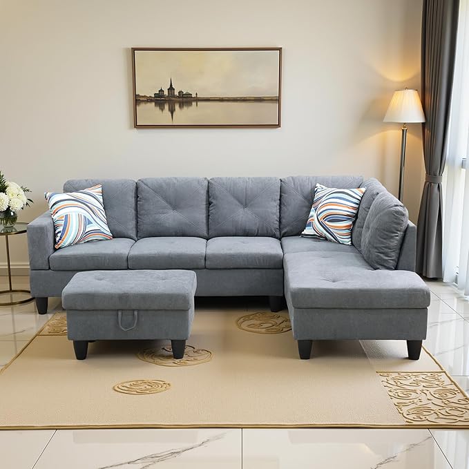 Couches for Living Room Modern L Shaped Couch Comfy Flannelette Fabric 3 Pieces by LynginsCreativeLife