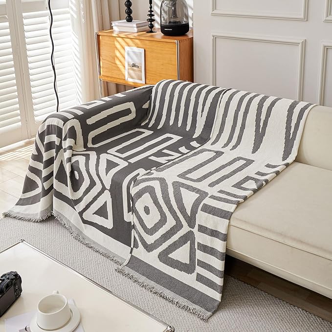 STACYPIK Thick Chenille Boho Sofa Cover Dark Grey Jacquard Geometric Sofa Cover - Image 7