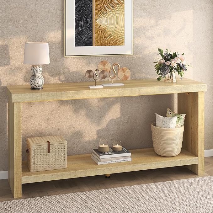 63 Inches Narrow Console Table, 2-Tier Long Sofa Tables Behind Couch Table by KNOWORLD