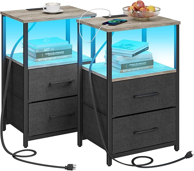 TUTOTAK LED End Table with Charging Station, Nightstand with Cloth Drawer by WelcometotheTUTOTAKHome