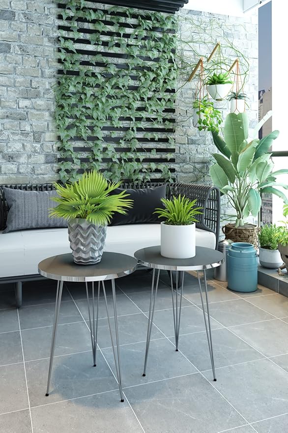PAK HOME - Set of 2 End Table - High Gloss Grey Wood Round Sofa Side Coffee - Image 7