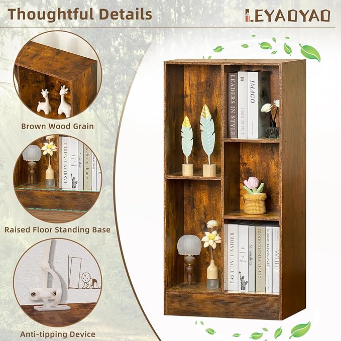 LEYAOYAO 5 Cube Mid-Century Modern Brown Wood Bookcase, 3 Tier Storage - Image 5