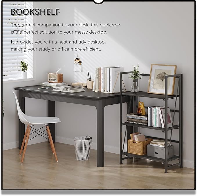 4NM No-Assembly Folding Bookshelf Storage Shelves 3 Tiers Vintage Bookcase - Image 3