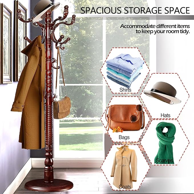Coat Racks Free Standing with 14 Hooks, Natural Wood Coat Stands - Image 4