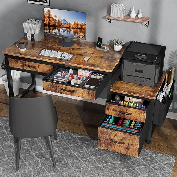 Lufeiya Computer Desk with Fabric File Drawers Cabinet, 57 Inch Home Office - Image 2