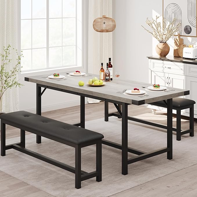 3-Piece Dining Table Set for 4-6 People, Extendable Kitchen Table Set by SLEKVERSA