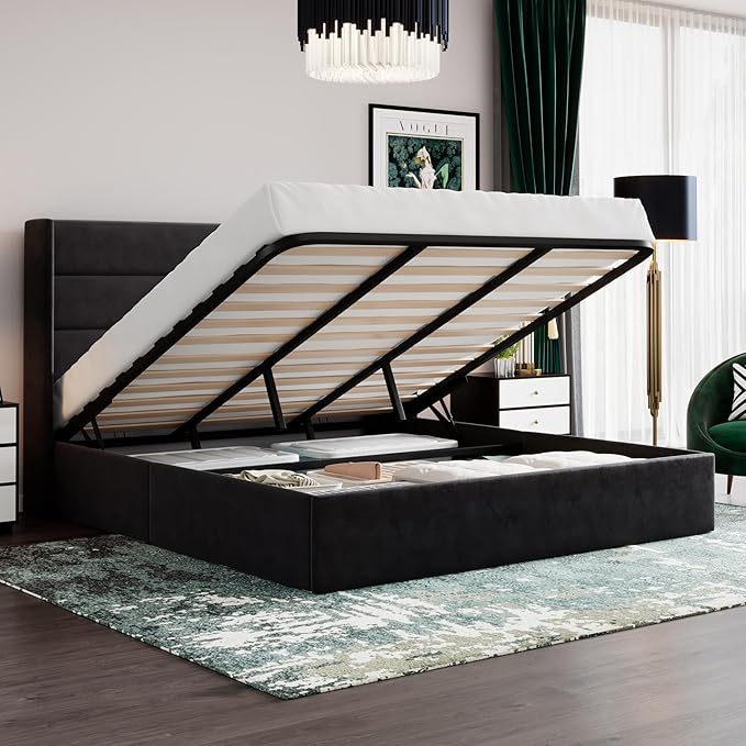 SHA CERLIN King Size Lift Up Storage Bed/Velvet Upholstered/Modern Wingback by SHACERLIN
