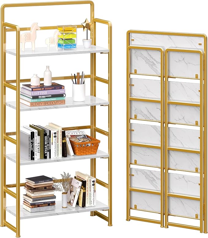 4NM No Assembly Folding Bookshelf, 4-Shelf 54" H Collapsible Foldable Bookcase by 4NM