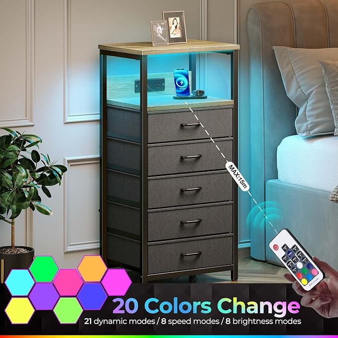 Seventable Night Stand with Charging Station, Tall Nightstand with 5 Fabric - Image 6