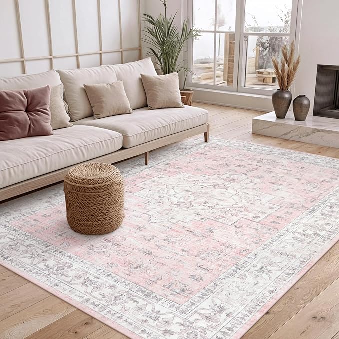 LIVEBOX Pink 5x7 Area Rug for Bedroom Girls, Boho Washable Rugs for Living Room by LIVEBOX