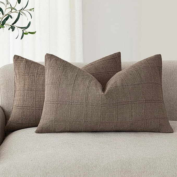 Foindtower Set of 2 Decorative Linen Check Throw Pillow Covers Neutral by Foindtower