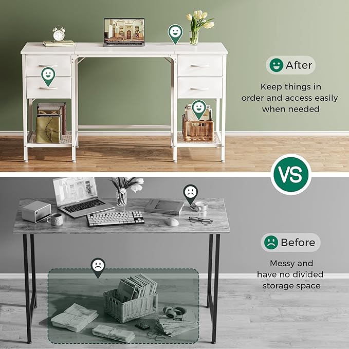 Huuger 55 Inch White Desk with 4 Drawers, Vanity Desk with Mesh Shelf - Image 6