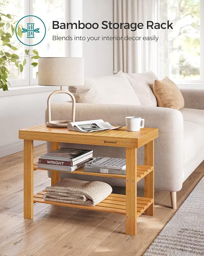 SONGMICS Shoe Rack Bench, 3-Tier Bamboo Shoe Storage Organizer, Entryway Bench - Image 8