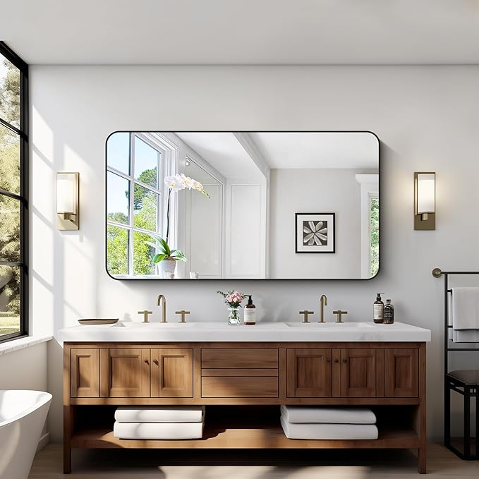 Bathroom Mirror, Metal Frame Rounded Corner Vanity Mirror, Large Wall Mounted - Image 2