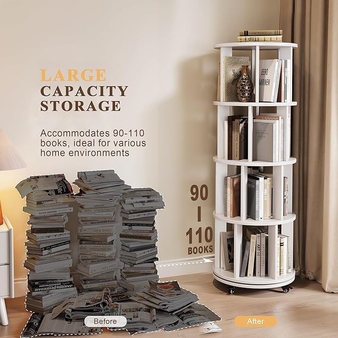4-Tier Rotating Bookshelf, 360° Spinning Stackable Bookcase, Freestanding - Image 3