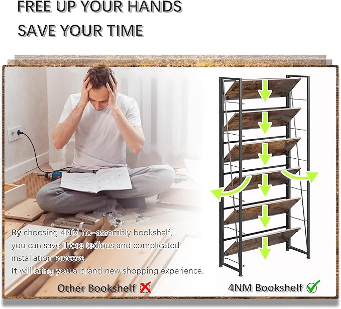4NM No Assembly Folding Bookshelf, 6-Shelf 74" H Collapsible Foldable Bookcase - Image 7
