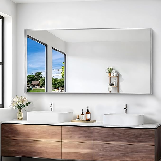 Silver Bathroom Mirror, 30x60 Inch Rectangular Deep Frame Mirror, Large Wall - Image 6