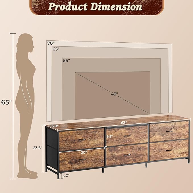 Huuger 63 Inch Long Dresser for Bedroom, Wide TV Stand for 55, 70 Inch TV - Image 3