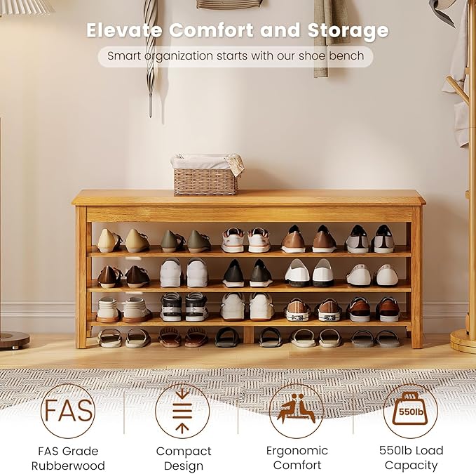 Shoe Rack Bench Seat Rubberwood 3-Tier Wooden Storage Bench 550lbs Compact - Image 3