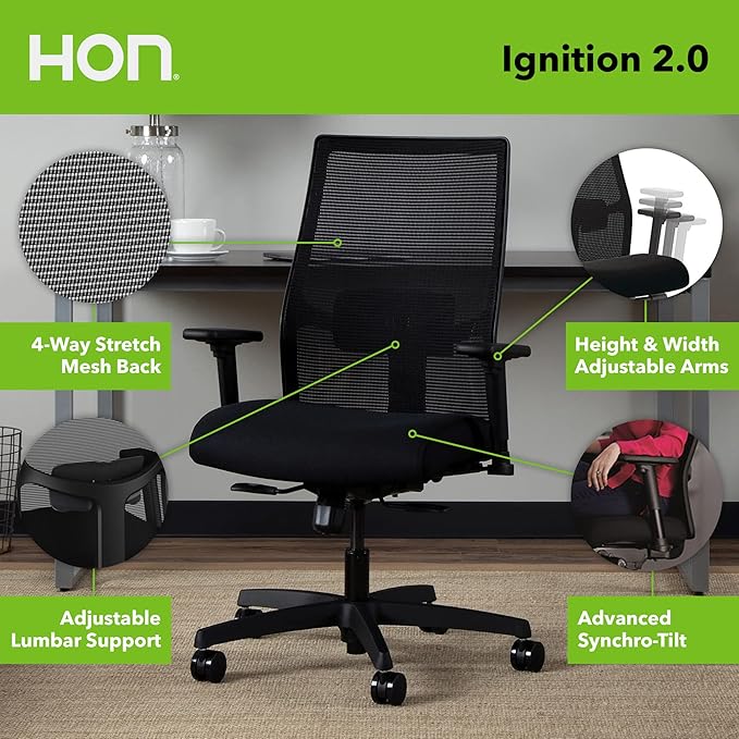 HON Ignition 2.0 Mid Back Task Chair, Standard Synchro-Tilt Control, Office - Image 3