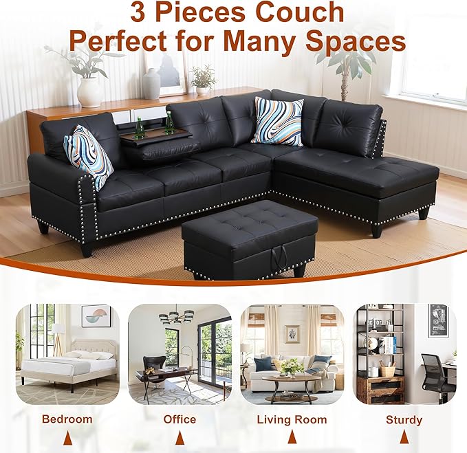 Osparple L Shaped Couch Faux Leather Sectional Couch Upholstered 3 Pieces Sofas - Image 7
