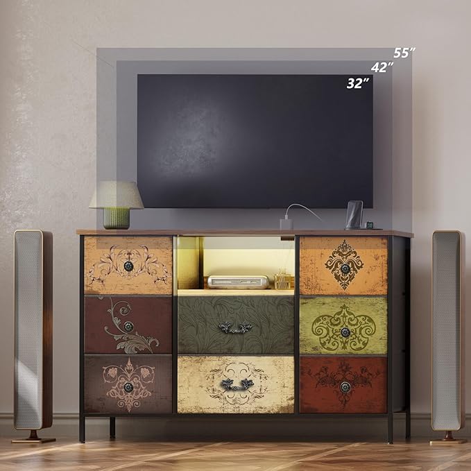Pattern Dresser with LED Lights and Power Outlets, Dresser TV Stand with 8 - Image 6