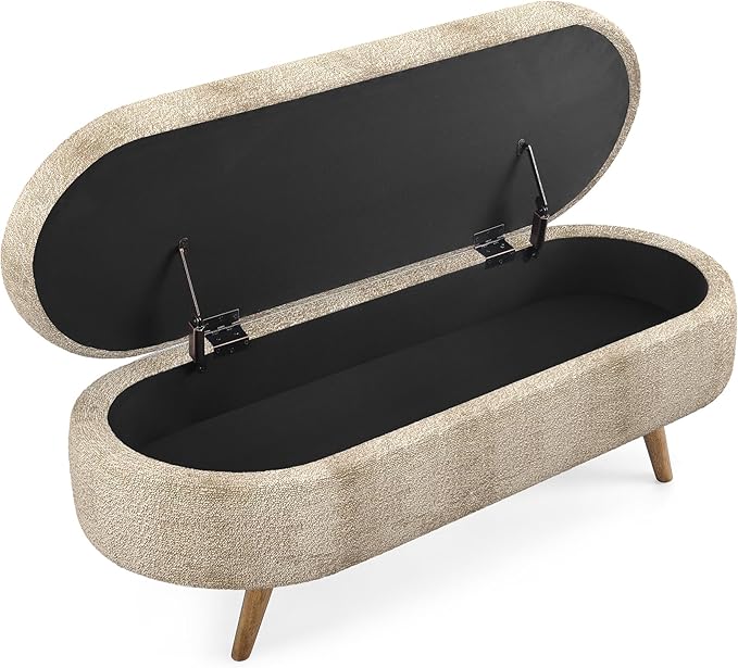 Oval Storage Bench 43.5" Linen Fabric Upholstered Entryway Bench - Image 5