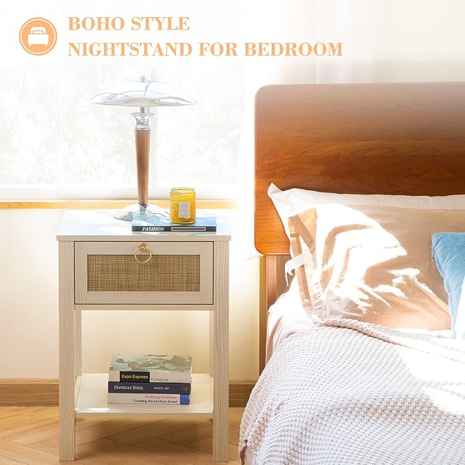 SICOTAS White Nightstand Set of 2, Rattan Decor Drawer - Image 4