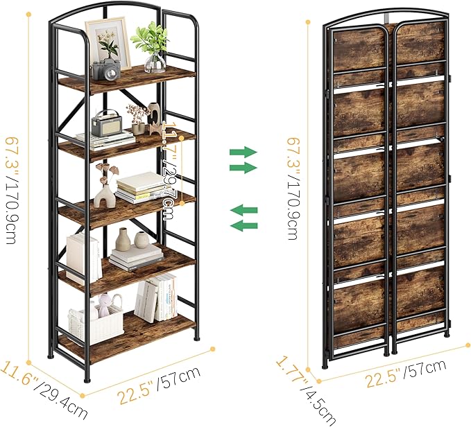 No-Assembly Folding Gold Bookshelf Storage Shelves 5 Tiers Vintage - Image 3
