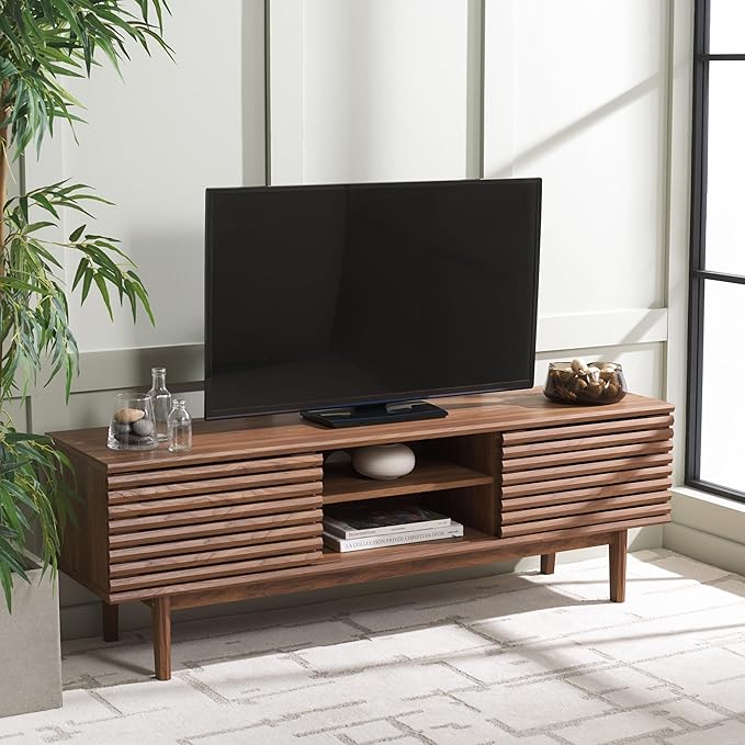 SAFAVIEH Aricia TV Stand for up to 65" Flatscreen – Walnut, 2 Sliding Doors by SAFAVIEH