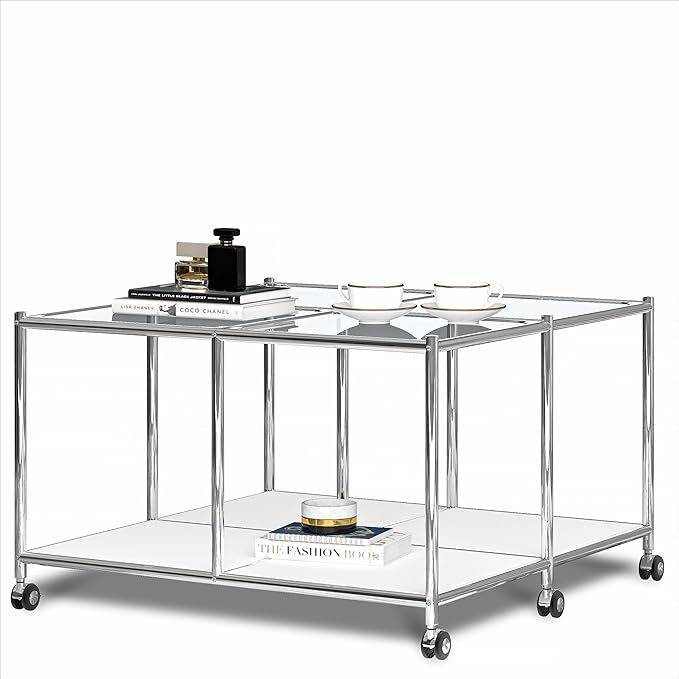 Matte Coffee Table with Open Storage, Square Tempered Glass Storage Rolling by SIMPLINK