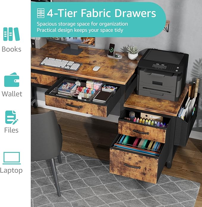 Lufeiya Computer Desk with Fabric File Drawers Cabinet, 57 Inch Home Office - Image 5
