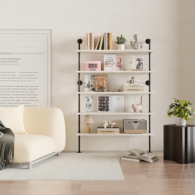 Pipe Industrial Ladder Shelves Bookcase, Wall Mounted Retro Wood Metal Pipe by ANYNICE