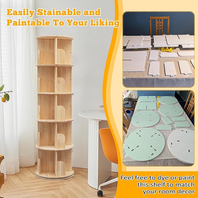5 Tier Rotating Bookshelf Tower 360 Display Spinning Bookshelf Tower Floor - Image 5