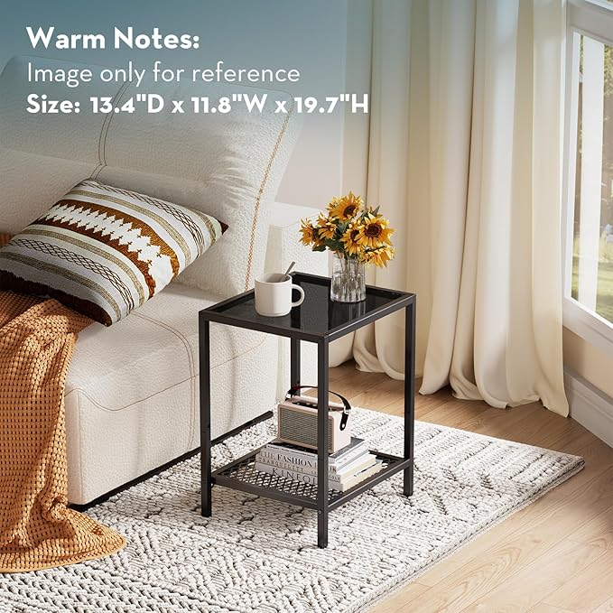 SAYGOER Black Side Table Small Glass End Table 2-Tier Narrow Square Bed Side - Image 6