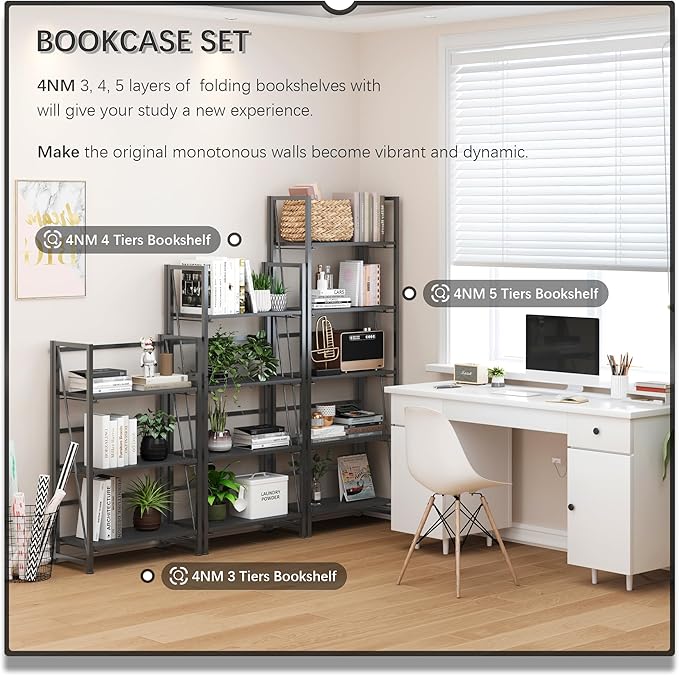 4NM No-Assembly Folding Bookshelf Storage Shelves 3 Tiers Vintage Bookcase - Image 4