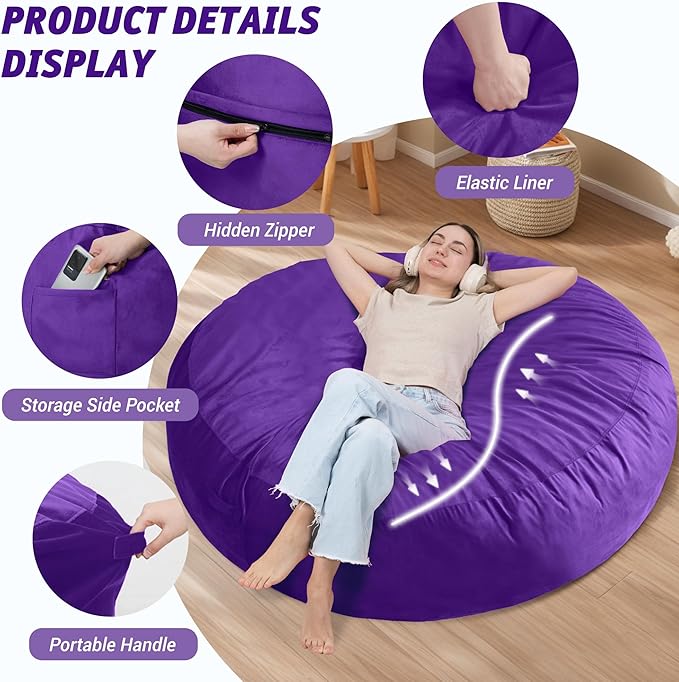 7FT Bean Bag Chair with Ultra Soft Velvet Cover Bean Bag Sofar with Memory Foam - Image 4