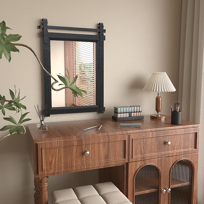 Farmhouse Barn Door Mirror: 22"x30" Black Rustic Wood Frame Mirror - Image 4