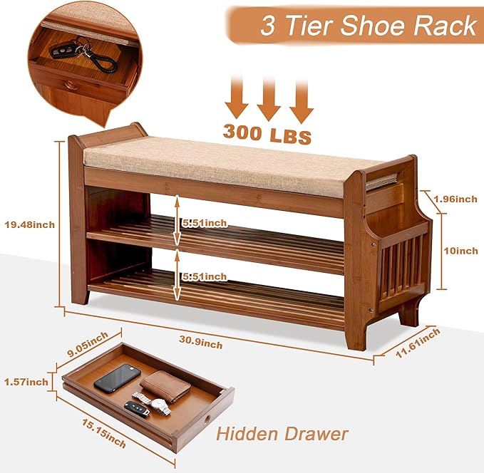 Shoe Storage Bench for Entryway, Bamboo Entryway Bench - Image 3