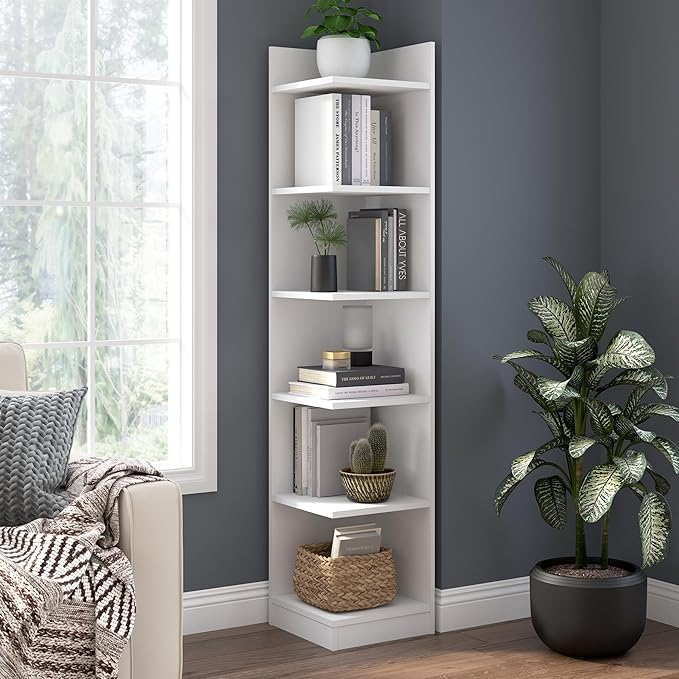 Bush Furniture Universal 15W Tall Corner Bookshelf in White, 6 Shelf Narrow - Image 2