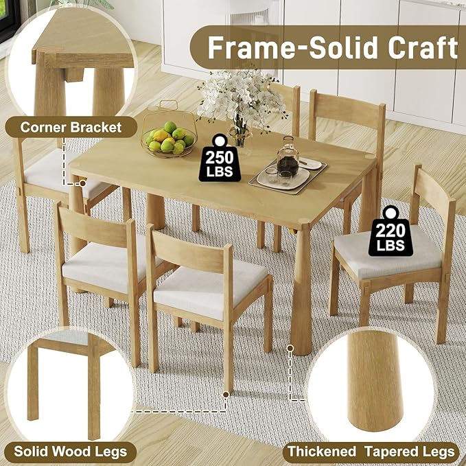 Dining Table with Chairs Set of 6, 7-Piece 60" Farmhouse Rectangular Dining - Image 4