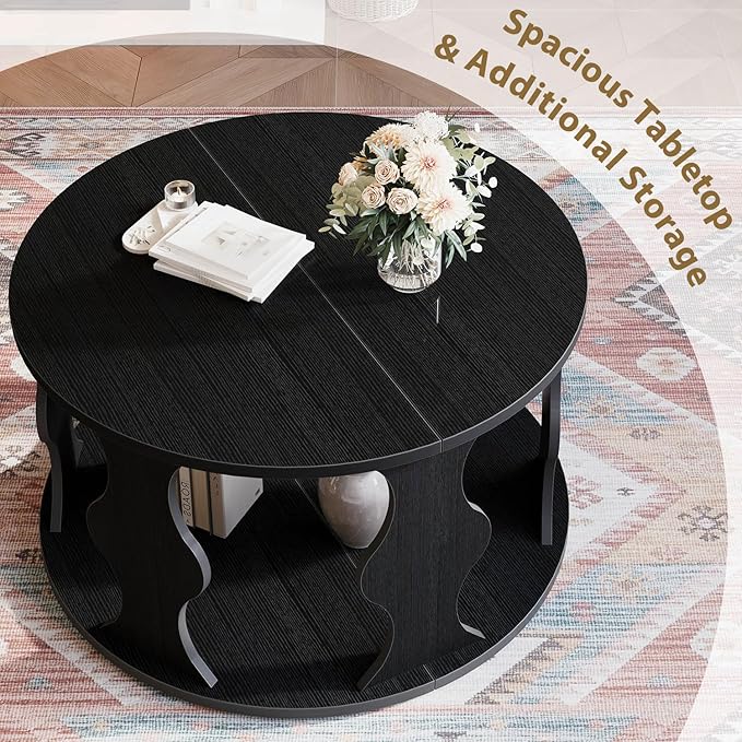 HSH Black Round Coffee Table, Modern Wood Circle Center Table - Image 4