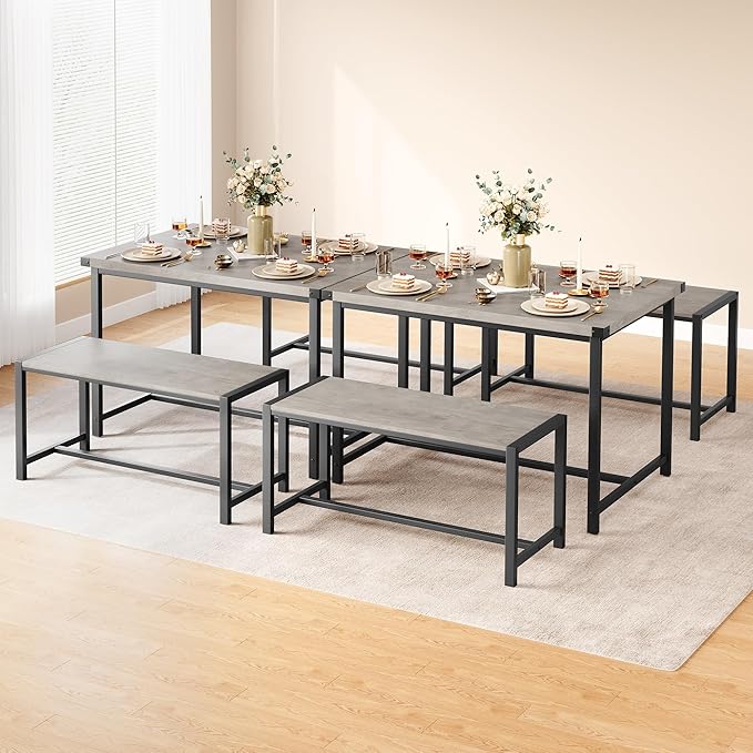 Dining Table Set for 4 with 2 Benches, 3-Piece Kitchen Table Set, Space-Saving - Image 3
