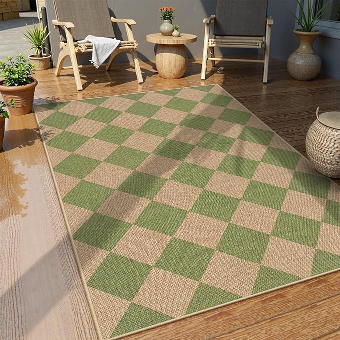 Lahome Green Checkered Easy Jute Rug, 3x5 Washable Outdoor Rug Neutral Rug - Image 2