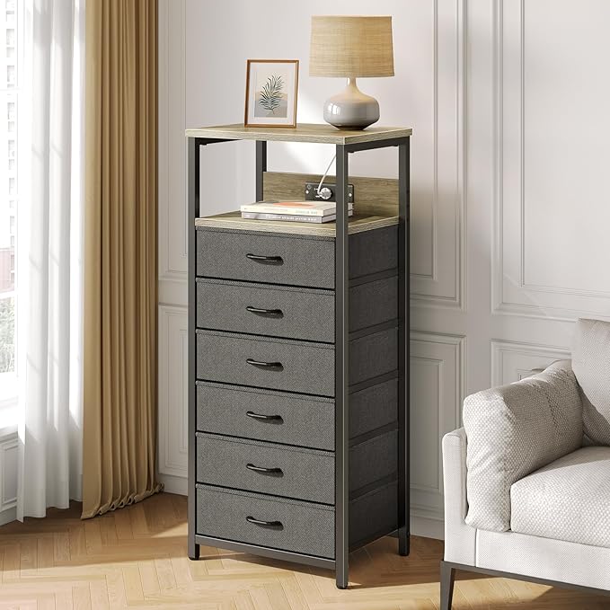 Seventable Night Stand with Charging Station, Tall Nightstand with 6 Fabric - Image 2