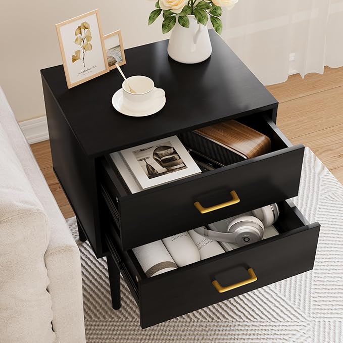 Black Nightstand with 2 Drawers, Modern Night Stand Black, Wooden Night Stands - Image 3